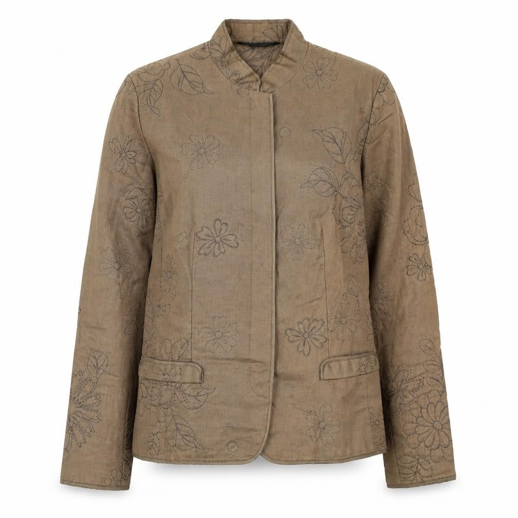East Women's Beige Floral Embroidered Linen Jacket Size 12