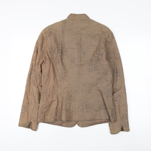 East Women's Beige Floral Embroidered Linen Jacket Size 12