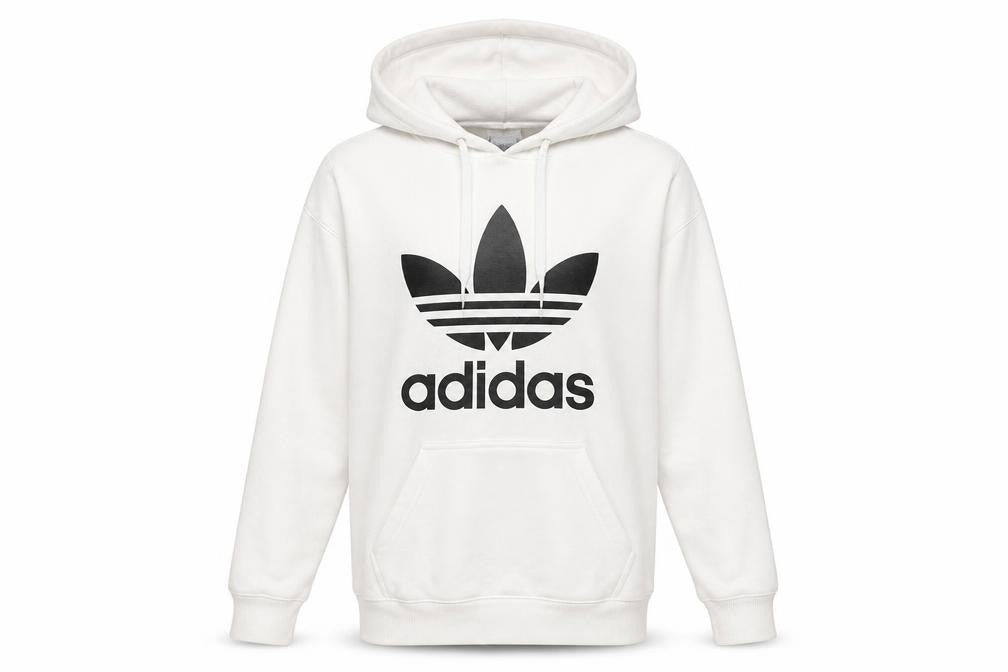 Front view of Adidas Men's XS White Pullover Hoodie with Logo