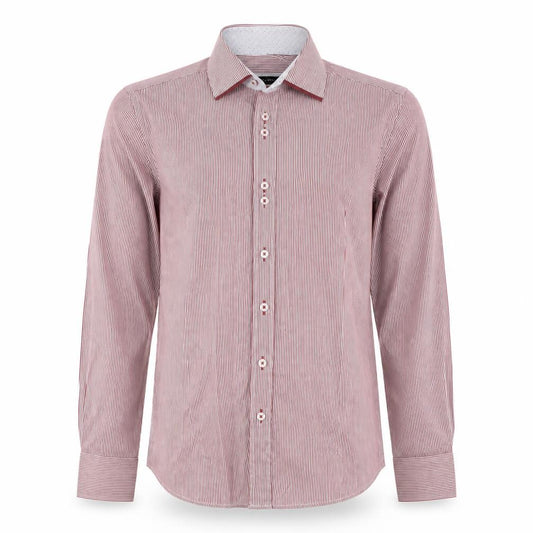 Front view of Guide London Men's Red Striped Small Dress Shirt