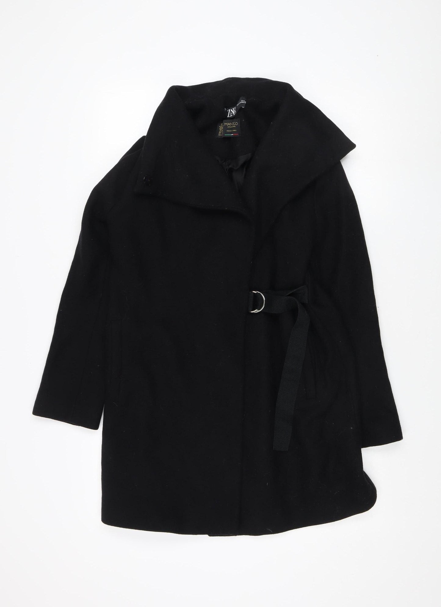 Zara Women's Black Wool Belted Overcoat, Size S