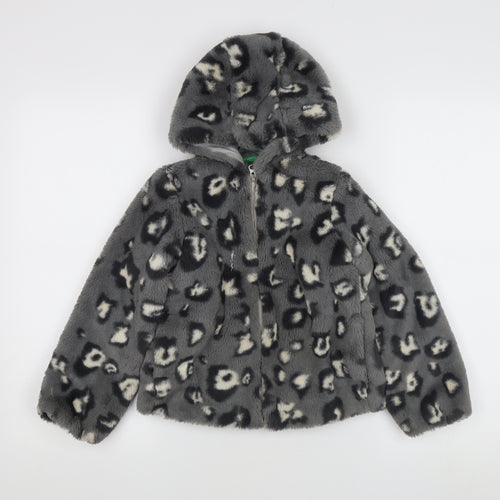 Benetton Girls Grey Faux Fur Hooded Puffer Jacket 6-7 Years
