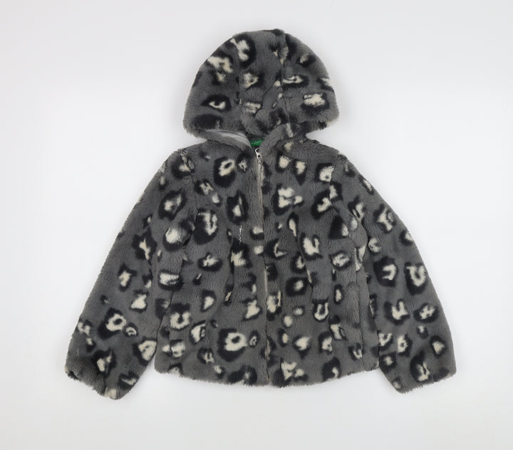 Benetton Girls Grey Faux Fur Hooded Puffer Jacket 6-7 Years