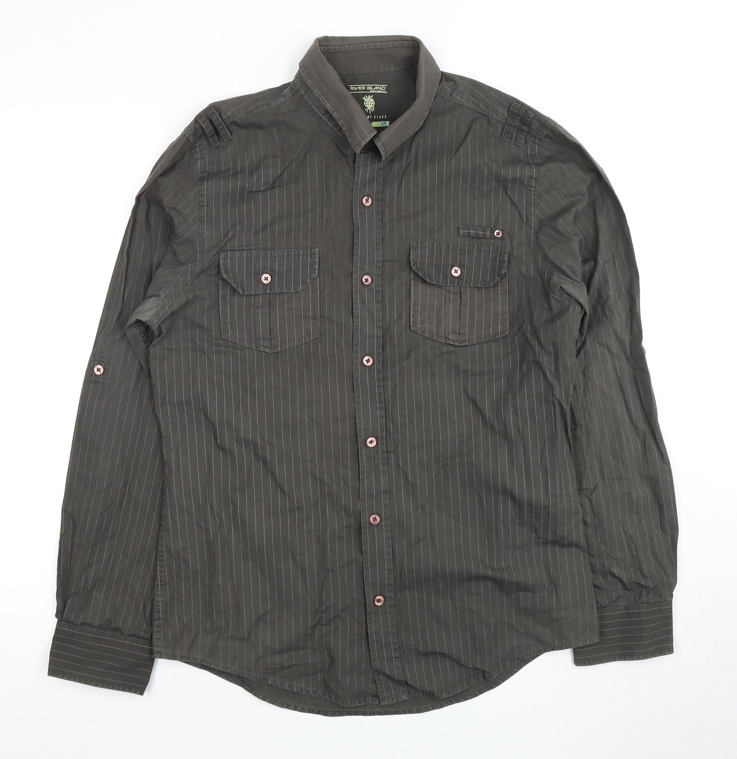 River Island Men's Grey Striped Cotton Shirt L
