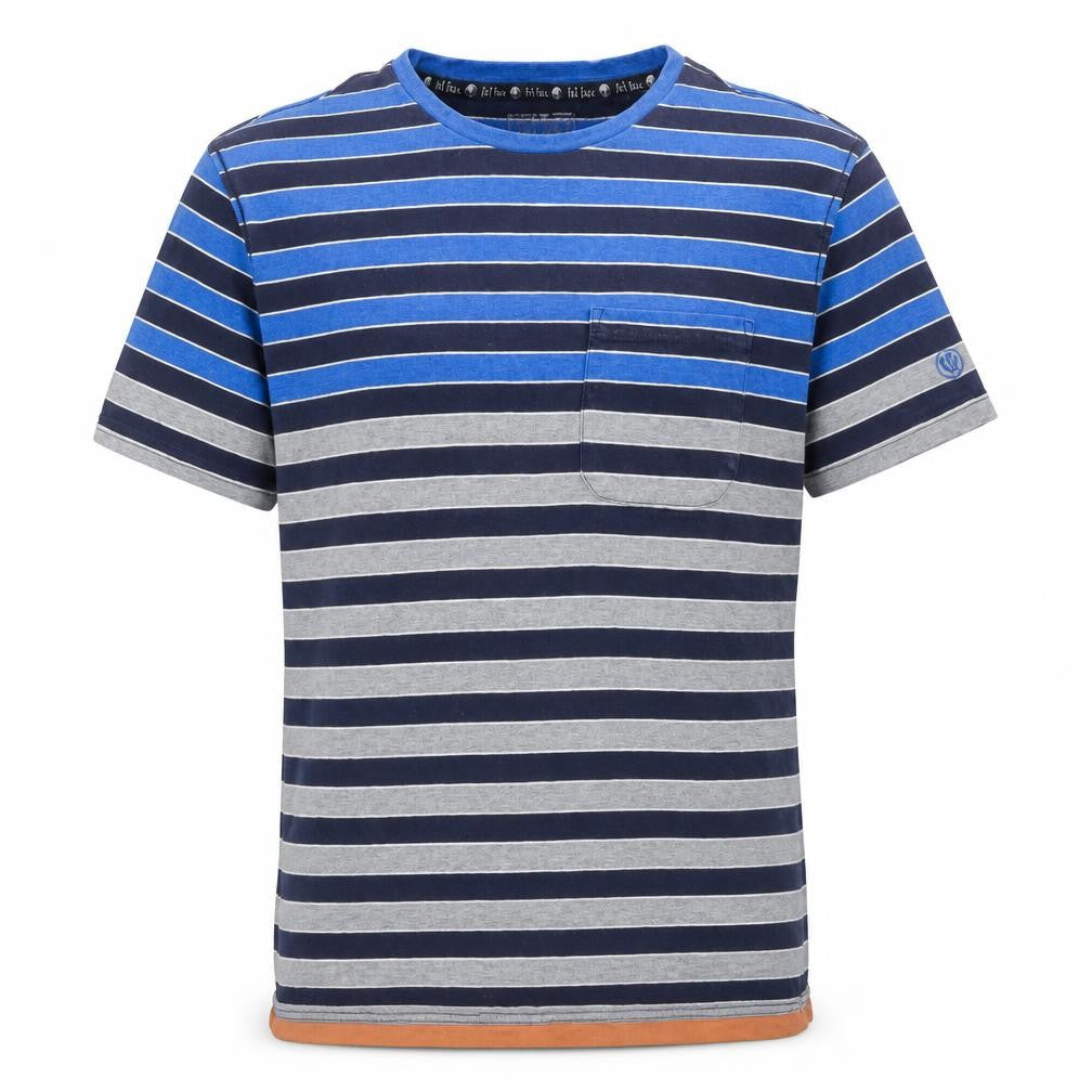 Front view of IQ RAG Men's Blue Striped T-Shirt, size S, Crew Neck