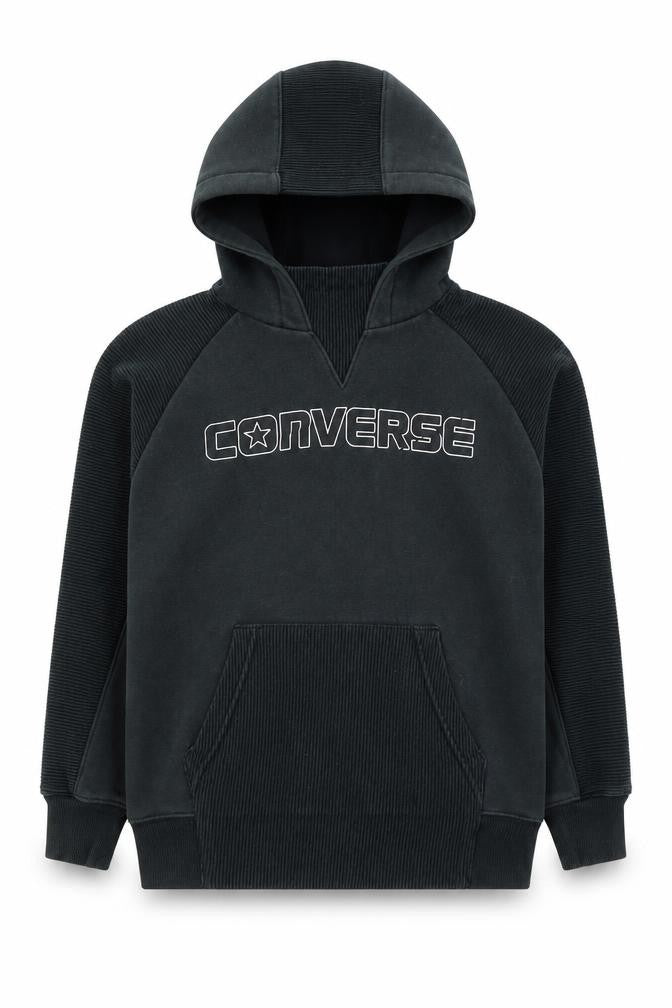 Front view of Converse boys’ black pullover hoodie, logo accent, size L