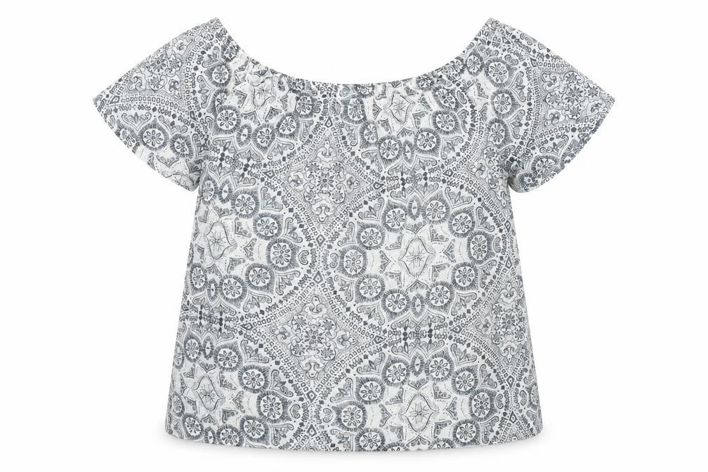 Front view of FatFace Women's Off-Shoulder White Geometric Top