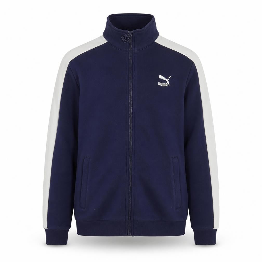 Front view of Puma boys’ blue xl track jacket with logo accents