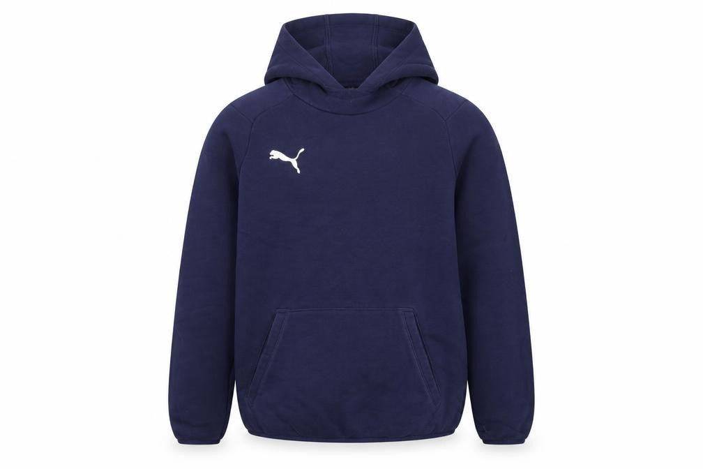 Front view of Puma boys’ blue pullover hoodie, size 14-16, logo sportswear