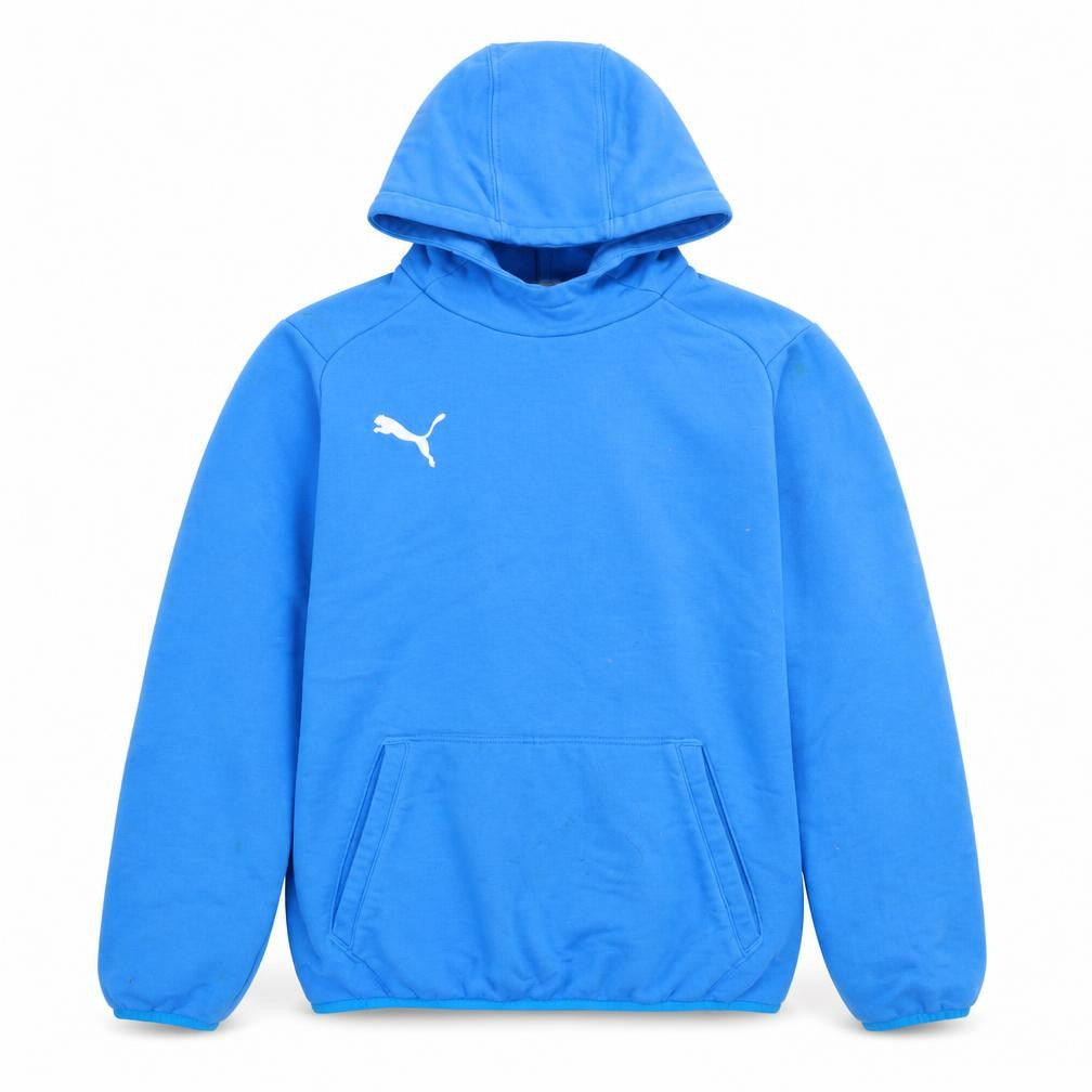 Front view of Puma boys’ blue hoodie, size L, pullover style, logo accent
