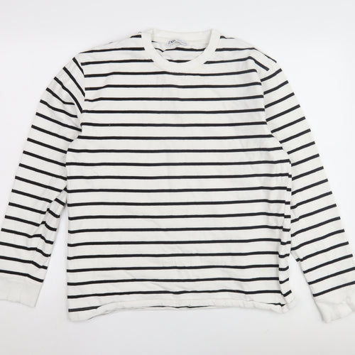 Zara Unisex White Striped Pullover Sweatshirt, Size L