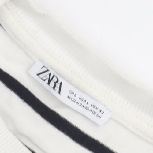 Zara Unisex White Striped Pullover Sweatshirt, Size L
