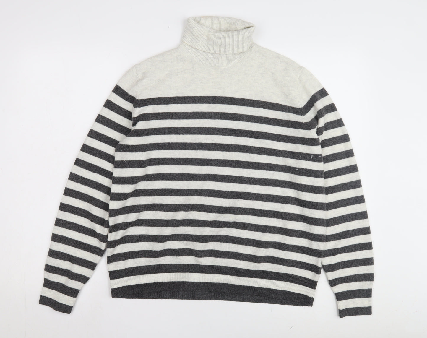Marks and Spencer Women's Grey Striped Roll Neck Jumper M