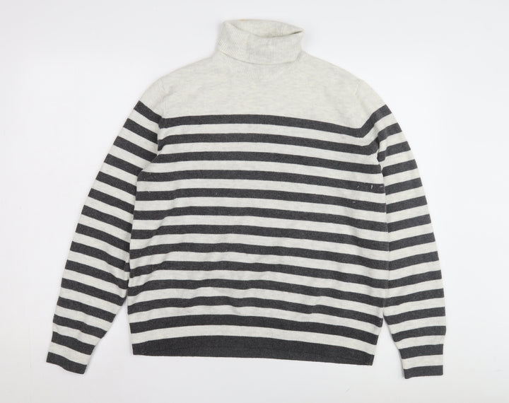 Marks and Spencer Women's Grey Striped Roll Neck Jumper M