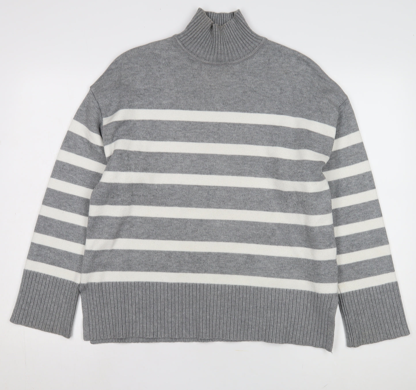 Zara Women's Grey Striped Mock Neck Jumper Size UK 0