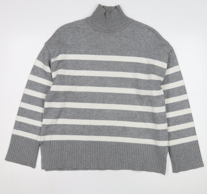 Zara Women's Grey Striped Mock Neck Jumper Size UK 0