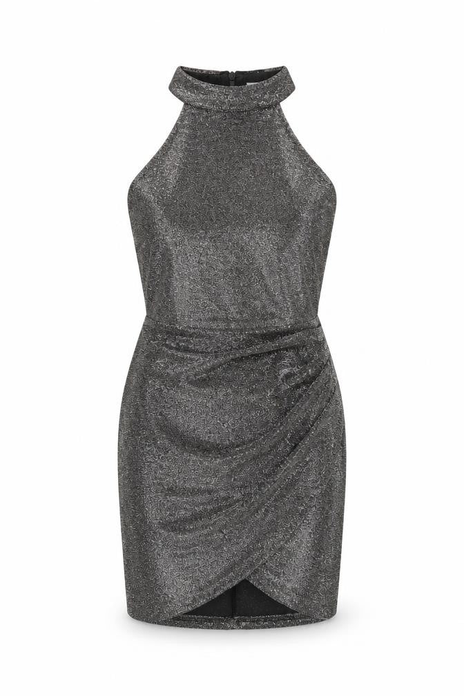 Front view of AX Women's Silver Halter Sheath Mini Party Dress