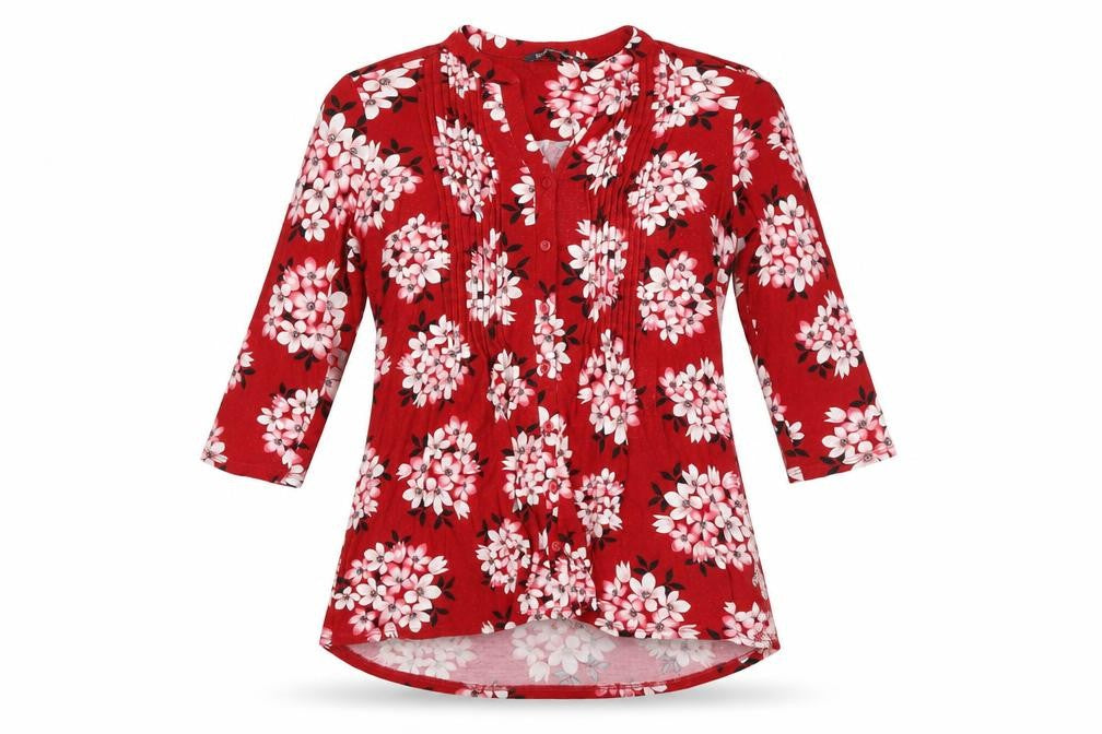 Front view of Bonmarché Women's Red Floral Tunic Blouse, size 12