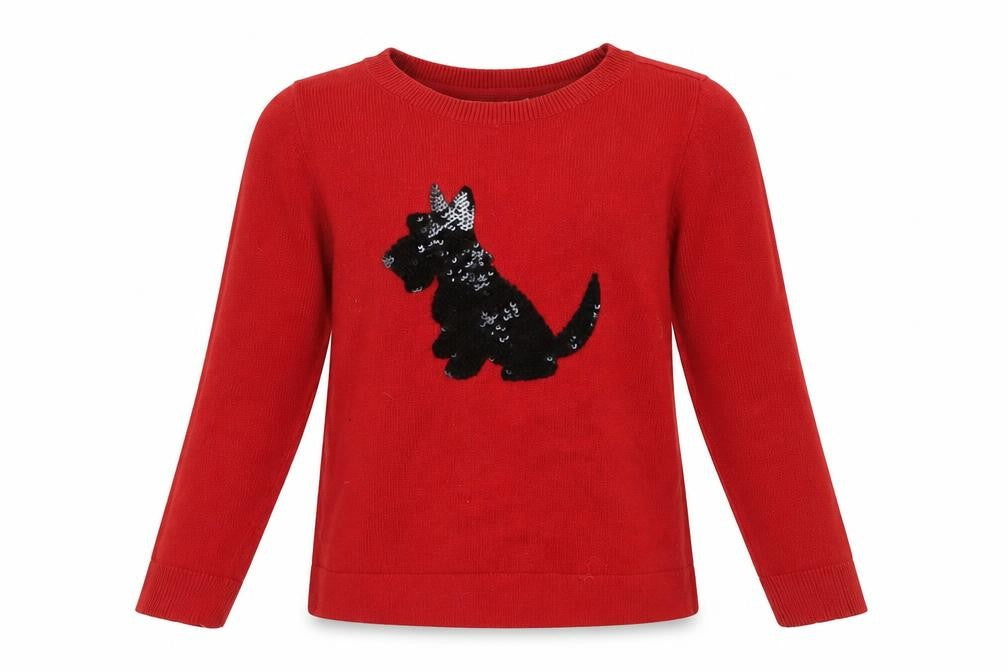 Front view of Gap Kids girls’ red jumper with sequin dog, size S