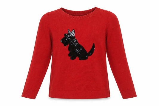 Front view of Gap Kids girls’ red jumper with sequin dog, size S