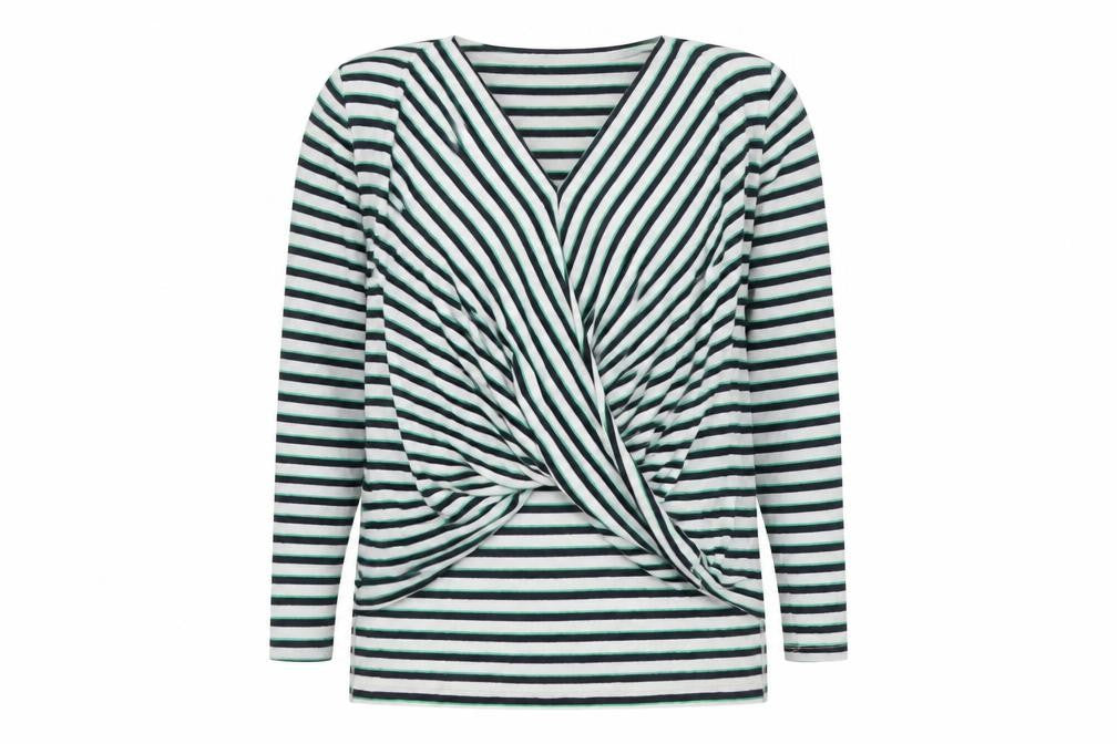 Front view of Vero Moda Women's Black Wrap V-Neck Striped Top 2XL