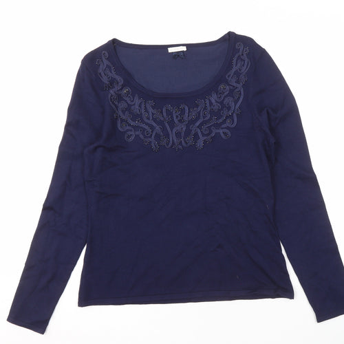 Jacques Vert Women's Embroidered Blue Long Sleeve Top