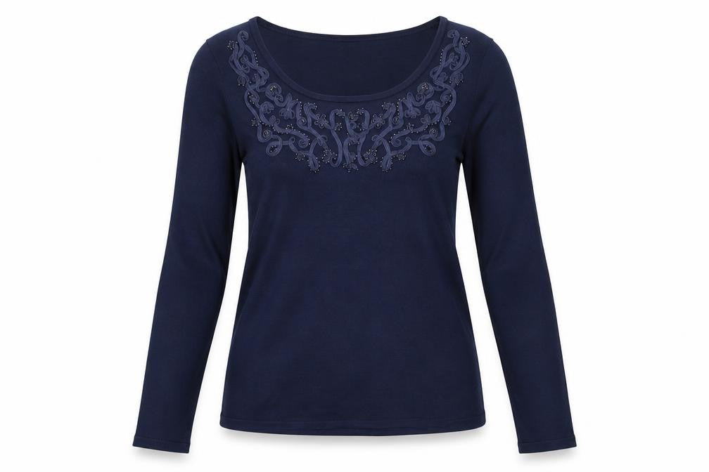 Front view of Jacques Vert Women's Embroidered Blue Long Sleeve Top