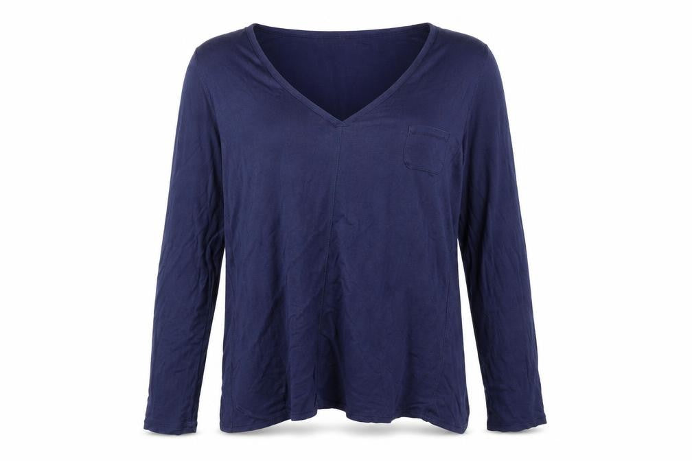Front view of DKNY Women's Blue Long Sleeve V-Neck T-Shirt