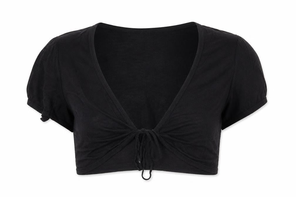 Front view of Laura Ashley Women's Black Shrug, size 16, V-Neck
