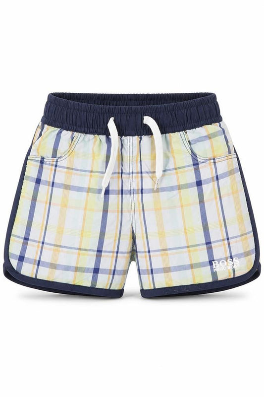 Front view of BOSS boys’ multicoloured plaid shorts 12m elastic waist