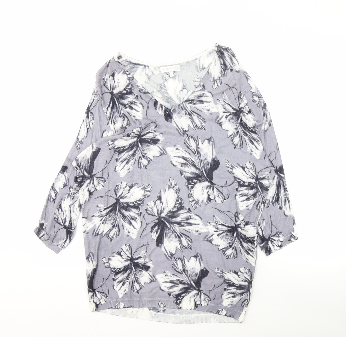 RJR. John Rocha Women's Grey Floral V-Neck Jumper Size 14