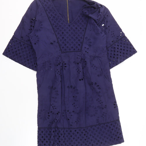 Laura Ashley Women's Blue Cotton Embroidered Shift Dress