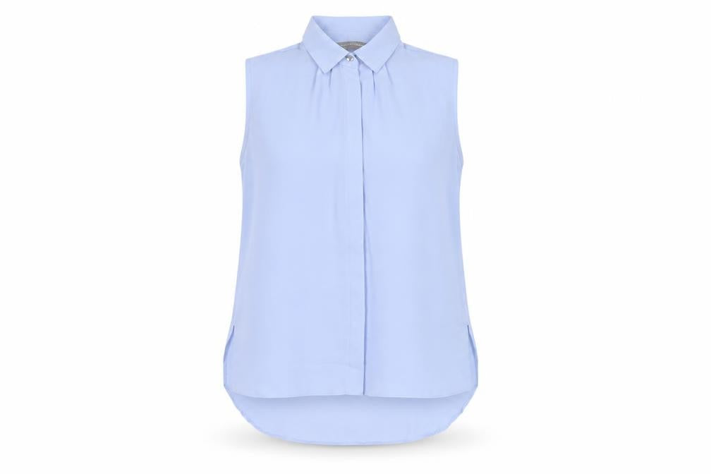 Front view of Dorothy Perkins Women's Blue Sleeveless Blouse, size 6