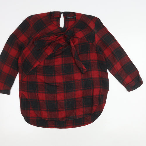 Zara Woman Red Plaid Bow Blouse, Size 12, Long Sleeve