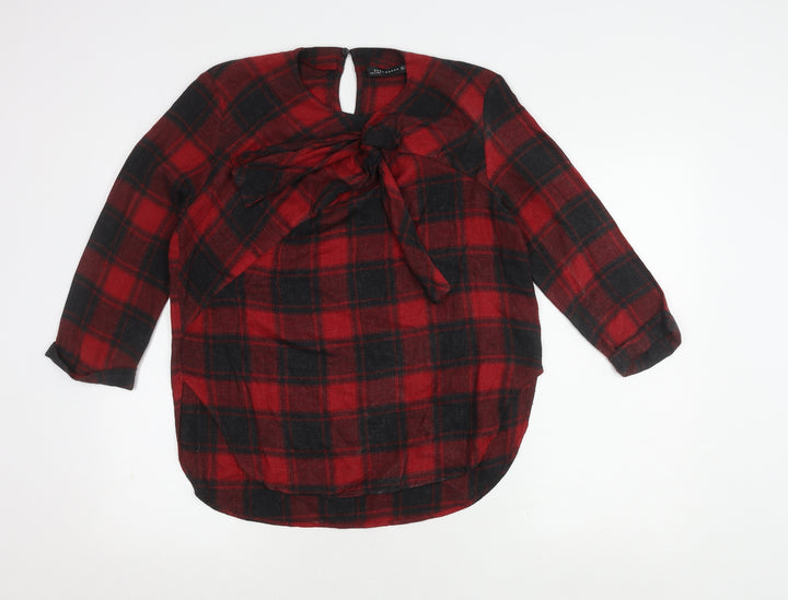 Zara Woman Red Plaid Bow Blouse, Size 12, Long Sleeve