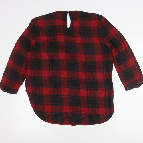 Zara Woman Red Plaid Bow Blouse, Size 12, Long Sleeve