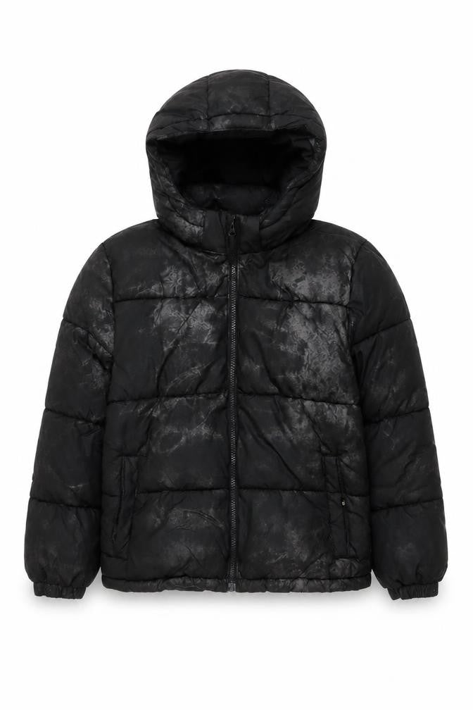 Front view of H&M boys’ black puffer jacket 10 winter hooded zip