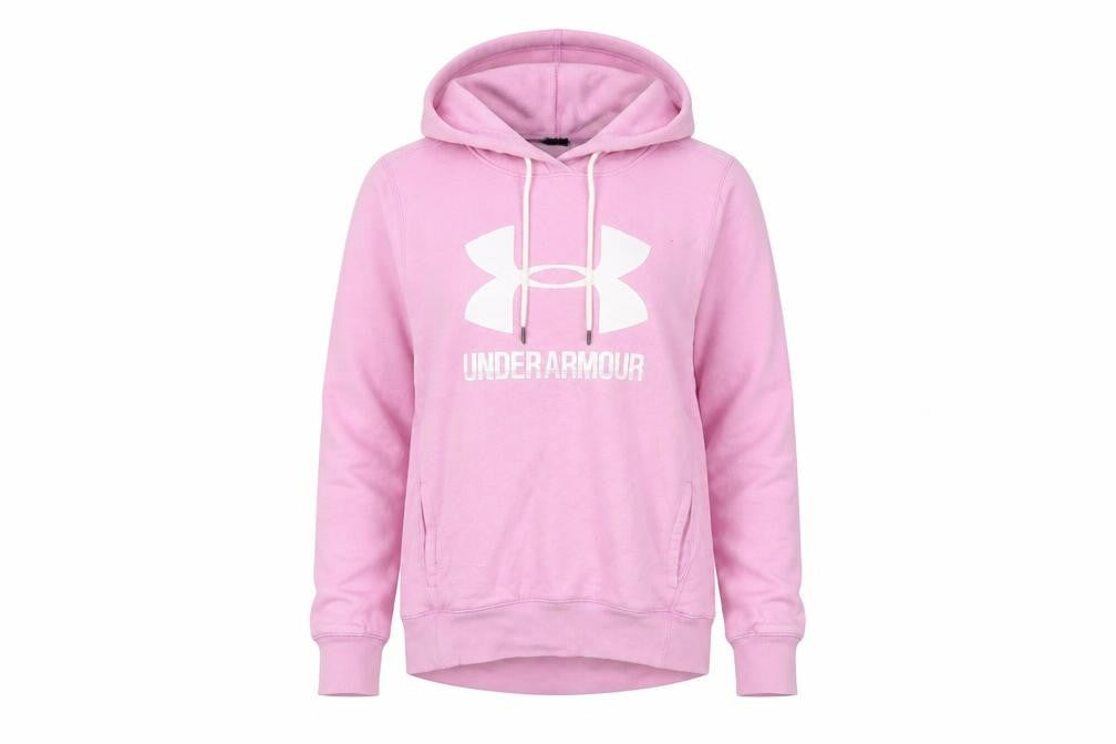 Front view of Under Armour Women's Pink Pullover Hoodie, S