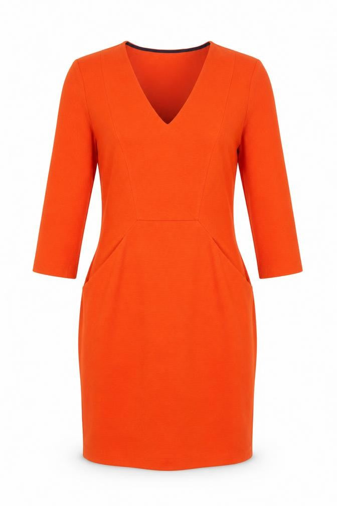 Front view of Boden Women's Orange Sheath Dress, size 12, Knit V-Neck