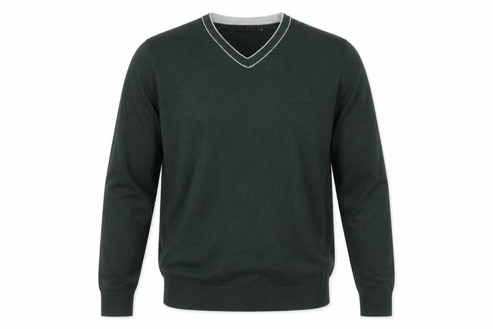 Front view of Jeff Banks Men's Green V-Neck jumper, size M