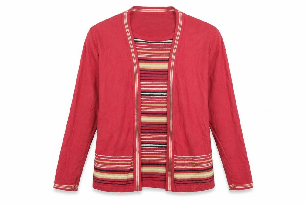 Front view of Honor Millburn Women's L Red Striped Cardigan