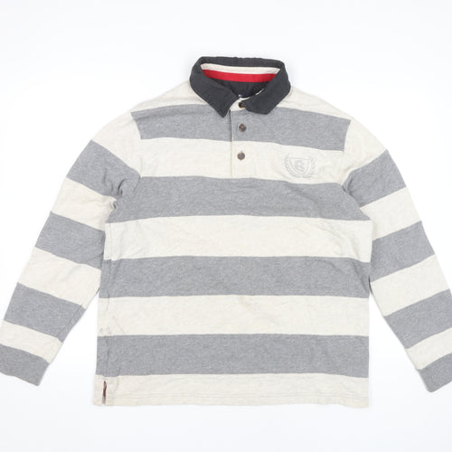 Marks and Spencer Men's Grey Striped Long Sleeve Polo M