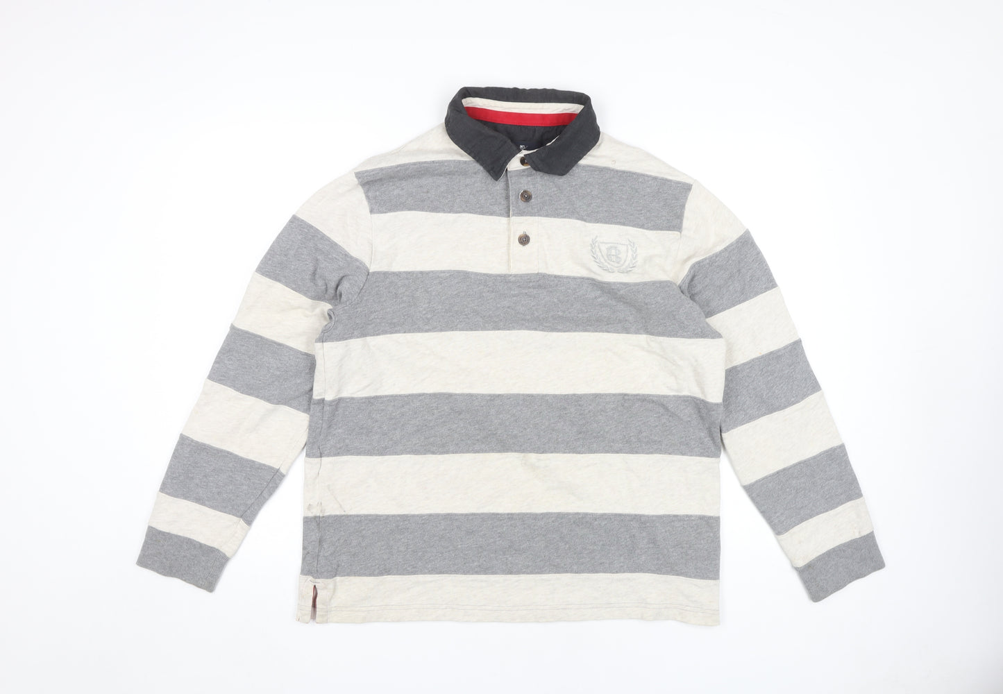 Marks and Spencer Men's Grey Striped Long Sleeve Polo M