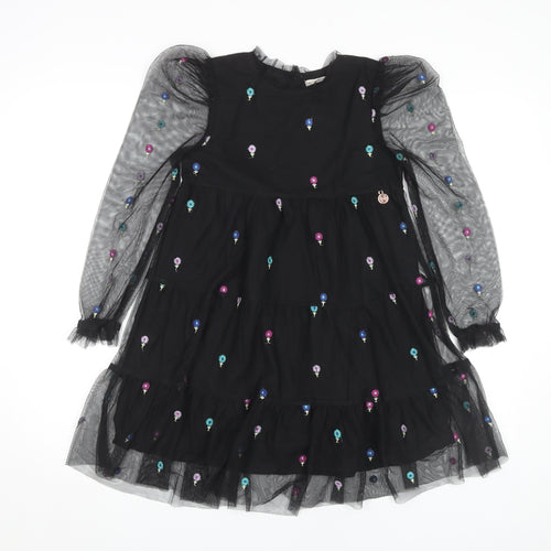Angel & Rocket Girls Black Puff Sleeve Dress Embroidered 9 Years