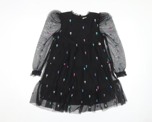 Angel & Rocket Girls Black Puff Sleeve Dress Embroidered 9 Years