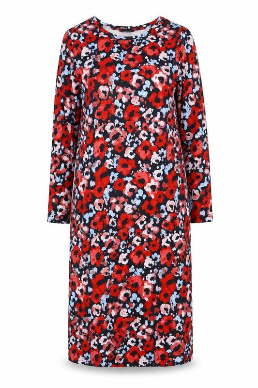 Front view of Monki Women's Red Floral Long Sleeve Dress, size 12