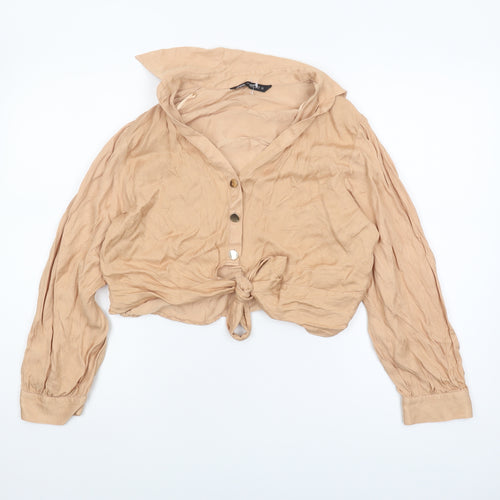Zara Women's Beige Cropped Button-Up Collared Shirt