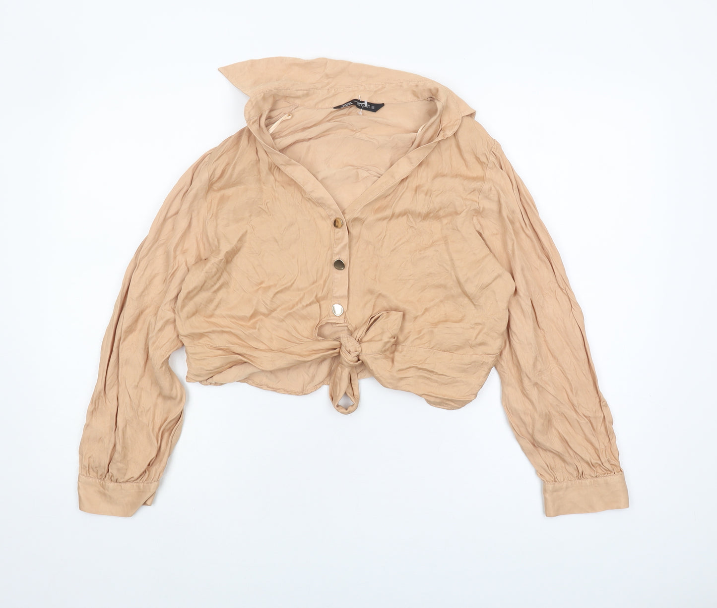 Zara Women's Beige Cropped Button-Up Collared Shirt