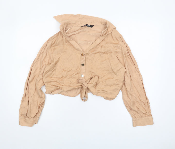 Zara Women's Beige Cropped Button-Up Collared Shirt