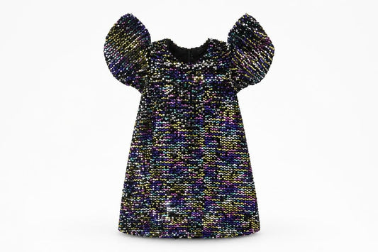 Front view of Next girls’ multicoloured sequin party dress, 5 years, puff sleeve